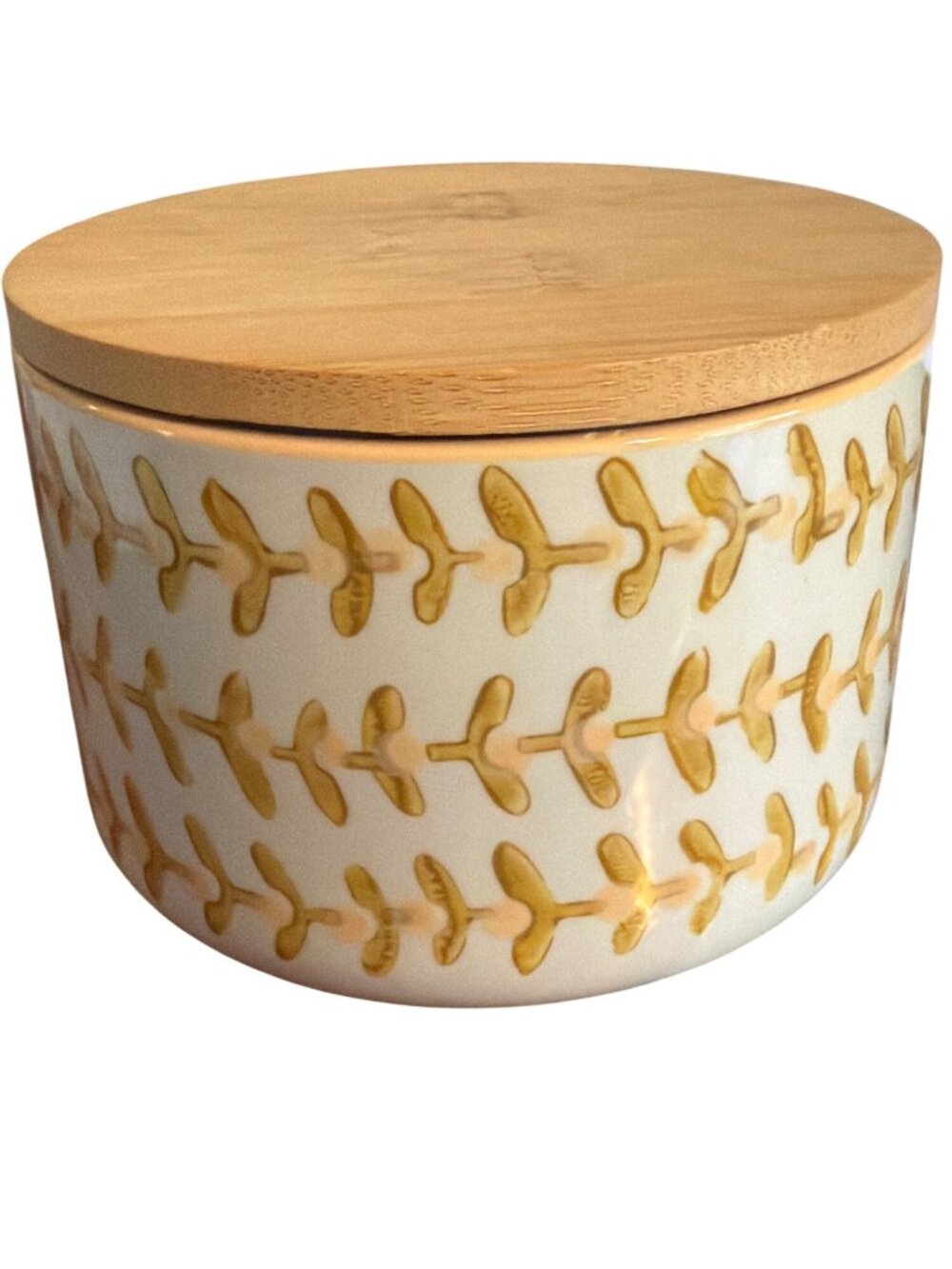 5" Round Stoneware Canister Bamboo Lid Stamped Pattern Creative Co-Op Decor NEW